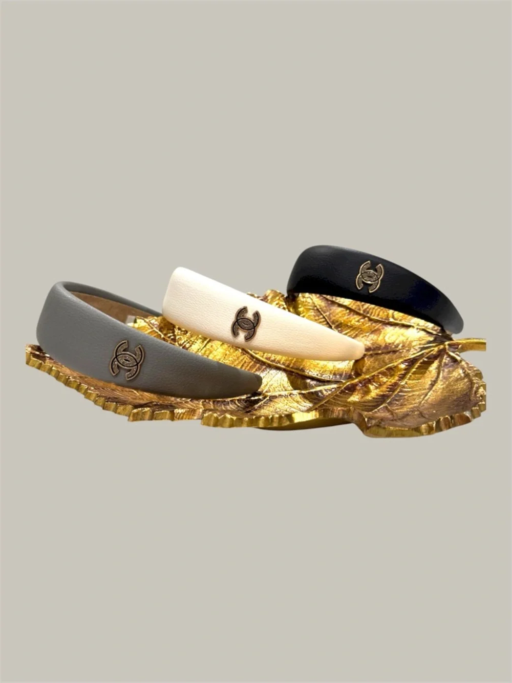 CHANNNEL White Padded Headband with Gold CC Crystal Logo